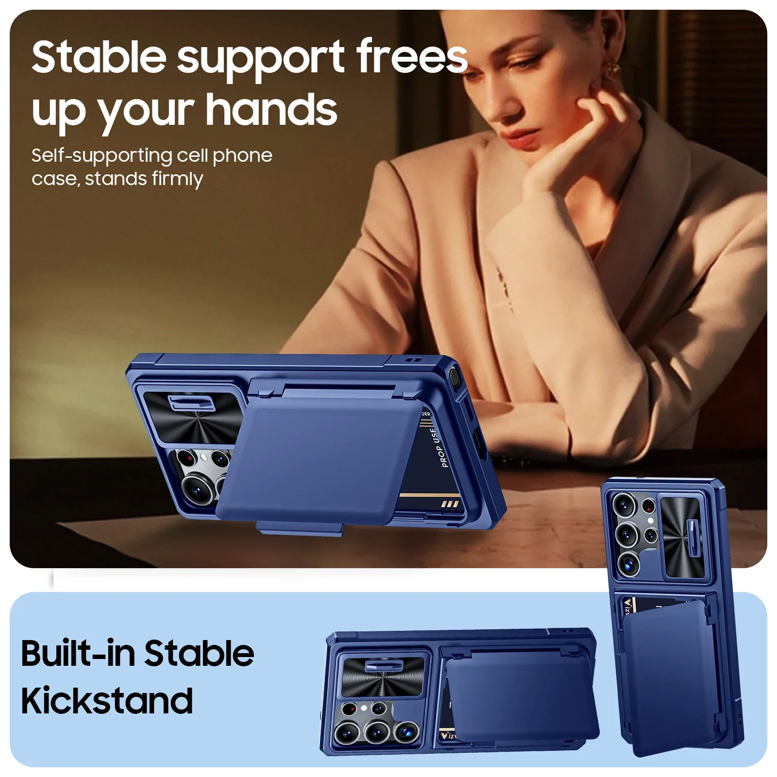 Rugged Blue Silicone Protective Phone Case with Wallet and RFID Card Holder & Camera Cover