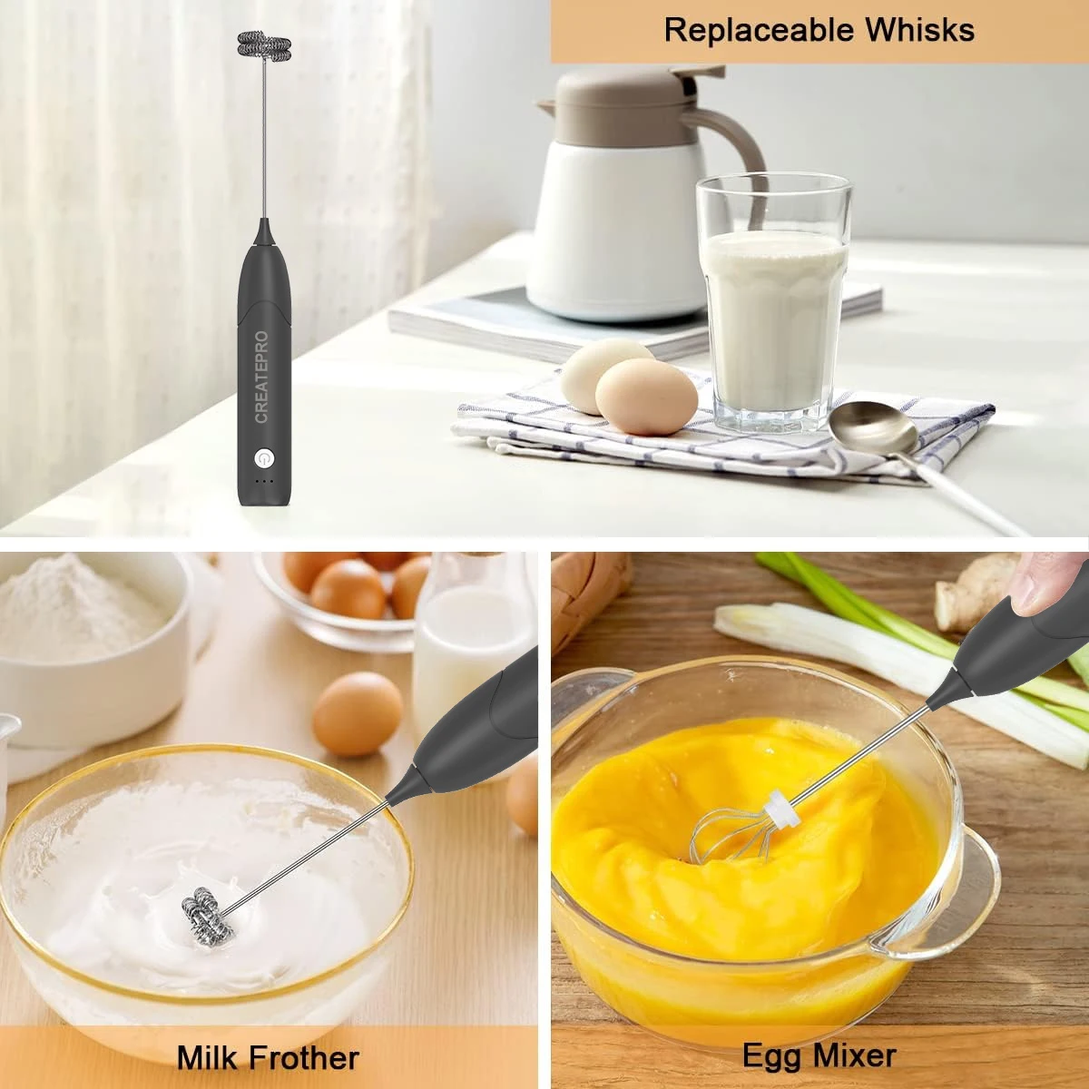 3-Speed Electric Milk Frother for Coffee with Whisk Stand-up Design Stainless Steel Frother Mixer Rechargeable for Cream 3