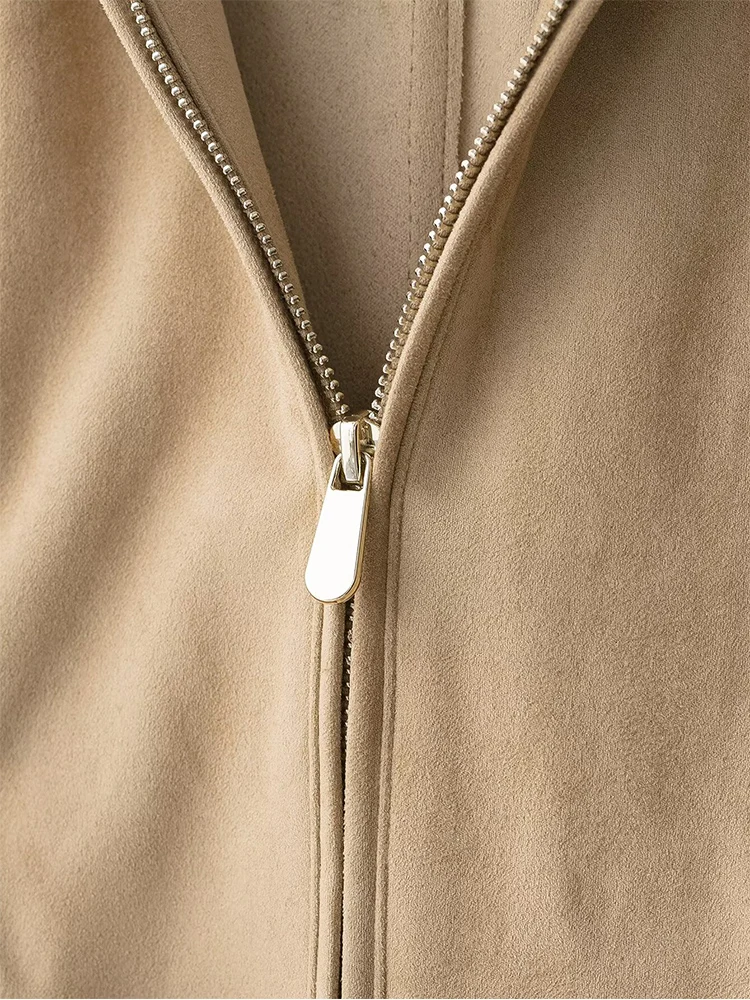 2025 Autumn New Women's Commuting Style Short Jacket Fashion Round Collar Long Sleeve Belt Decoration Suede Zipper Jacket Coat