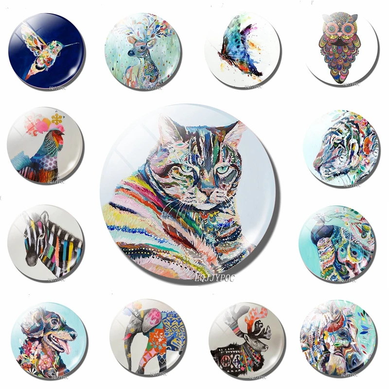 

Animal Oil Painting Magnet Refrigerator Decor Fridge Kids Home Education Decoration Glass Dome Crystal Cute 30MM Cartoon
