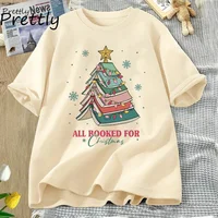 Book Tree Christmas T Shirt All Booked for Christmas T-shirt for Book Lover Librarian Teachers Tees Bookish Cotton Tshirt 1