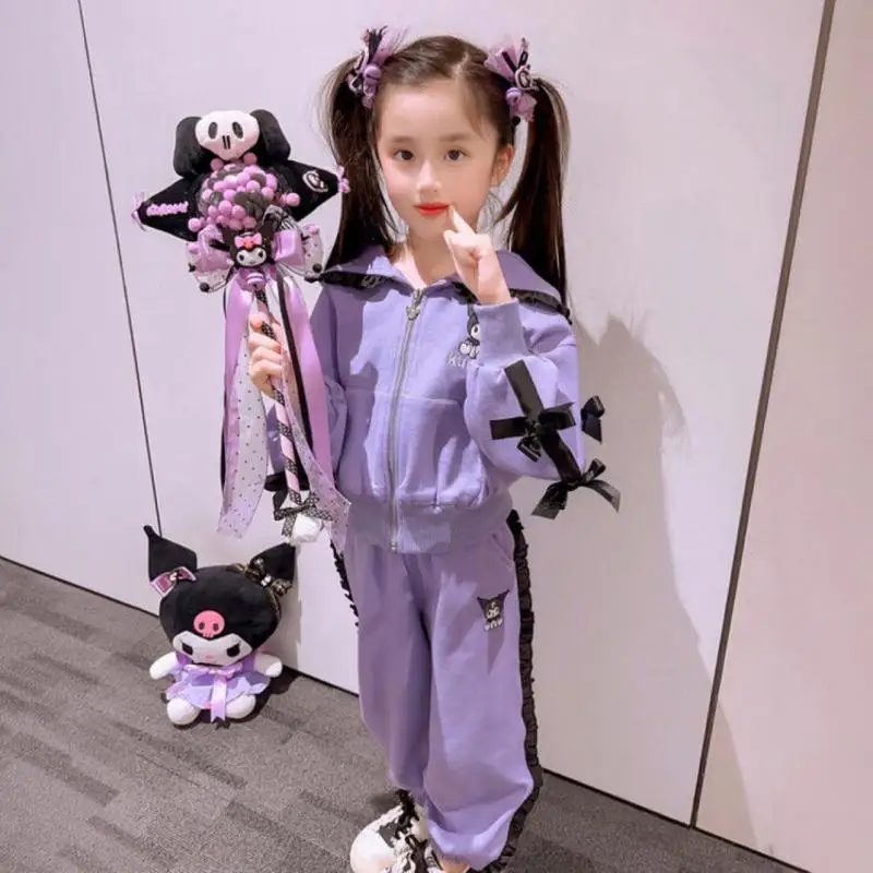 

Cute Cartoon Kawaii Sanrioed Kuromi Girls' Spring and Autumn Set New Children's Leisure Sports Coat Pants Two Piece Set