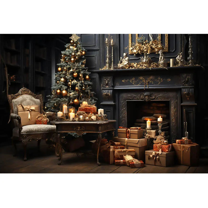 Christmas Party Decoration Background Empty Christmas Room at Night Xmas Tree Fireplace Table and Chairs Photo Studio Props