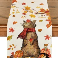 Autumn Thanksgiving Table Runner Linen Buffalo Plaid Pumpkins Mushrooms Dining Table Decoration Indoor Outdoor Tablecloth 5