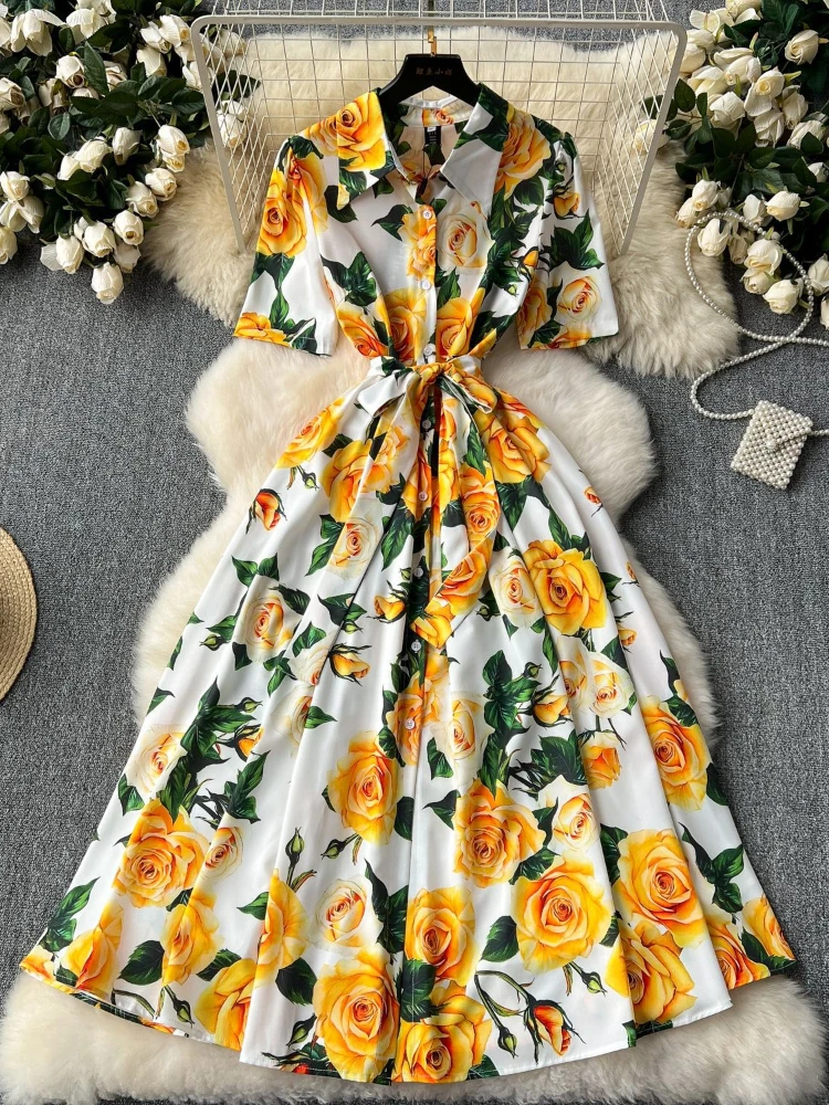 

Женское шифоновое платье-трапеция, элегантное облегающее платье с принтом и высокой талией, с бантом на шее, для отпуска, лето