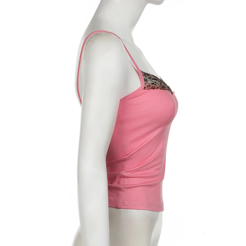 Camisola rosa con cuello estampado de leopardo Y2K para mujer, sin mangas, de punto, linda y sexy, top corto de verano, chaleco informal para mujer, conjuntos