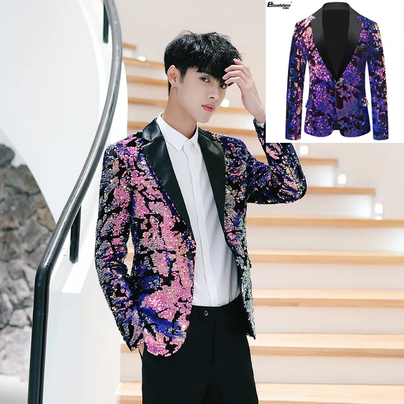 

HOO 2023 New Men's Velvet Sequined Suit Jacket Host Singer Gradient Color Leisure blazers