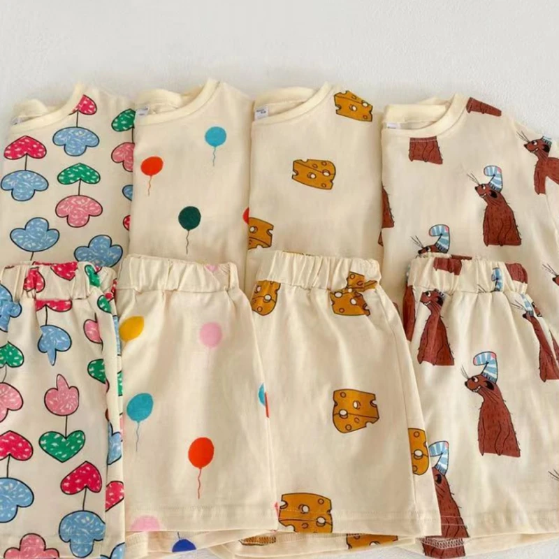 2Pcs Summer Baby Loose Short-sleeved Shorts Children's Pajamas Boys Girls Cool Home Wear Air-conditioning Clothing