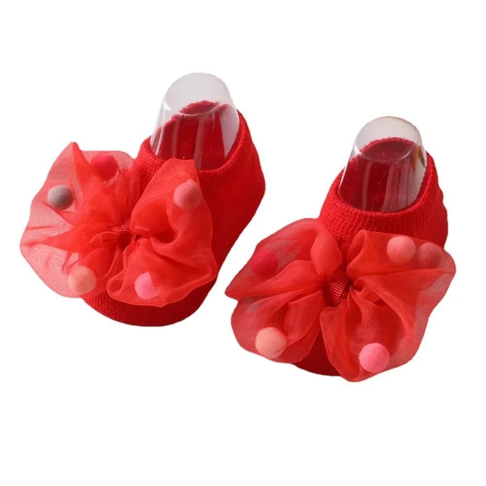 Korean Baby Pompom Gauze Socks with Bow for Girls Rubber Anti-slip Newborn Infant Princess Socks Little Girl Socks 0-3 Years Old 5