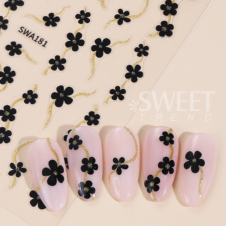 2pcs Black White Flower Nail Stickers Gold Silver Line Petals Florals Simple Adhesive Nail Decals DIY Manicure Decoration Slider