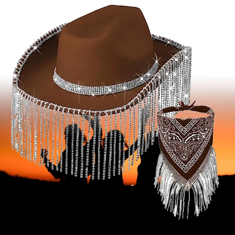 Womens Fringed Bandana Cowgirl Rhinestones Tassels Bandana & Weatern Cowboy Hat for Disco Party Music Festival