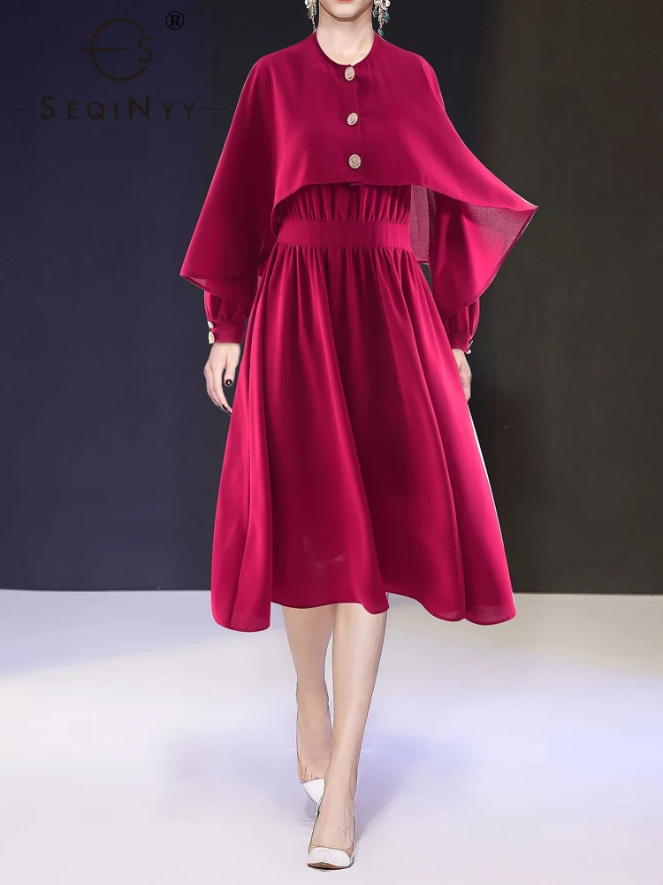 

SEQINYY Red Midi Dress Summer Spring New Fashion Design Women Runway Cloak Buttons Sleeveless Casual A-Line High Street