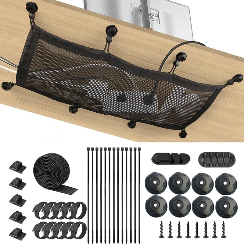 Bandeja De Gerenciamento De Fio De Malha De Poliéster Flexível Preto, Under Desk Cable Management Net Kit