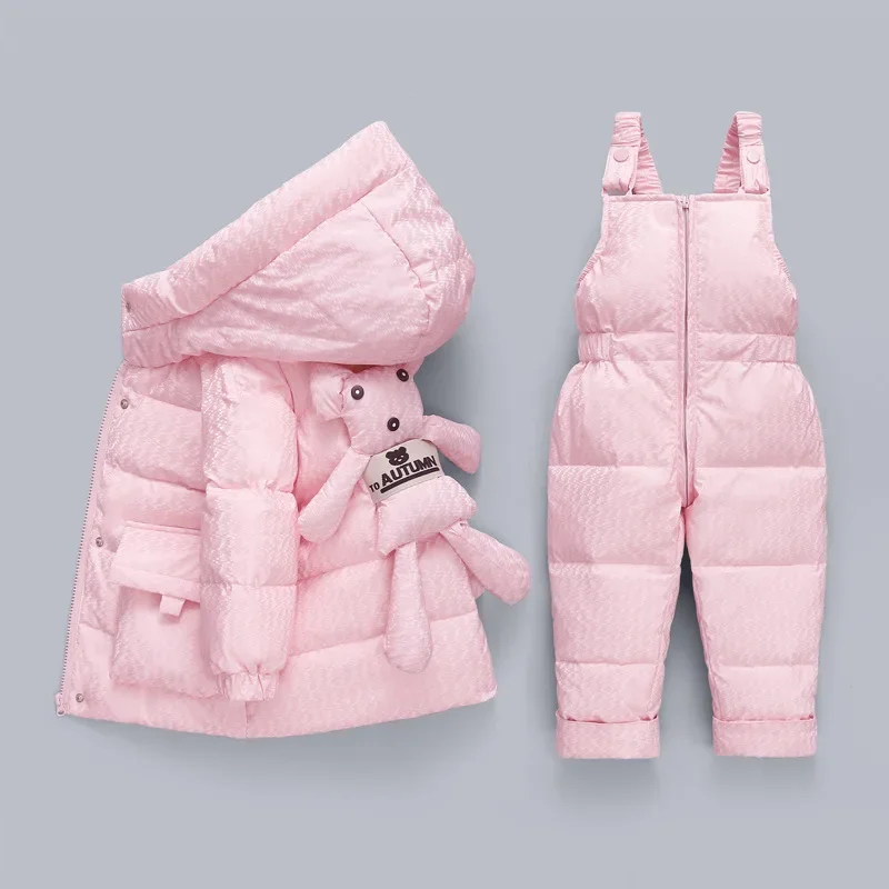 Korean Winter Baby Girl 2PCS Clothes Set Cartoon Bear Hooded Toddler Girl Down Jacket Infant Overalls Jumpsuit 1-3 Year Snowsuit