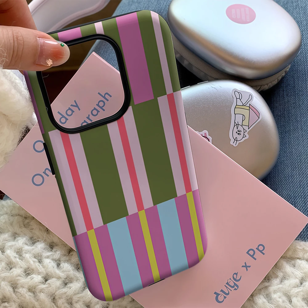 Luxury Double-Layer Phone Case with Colorful Geometric Stripes