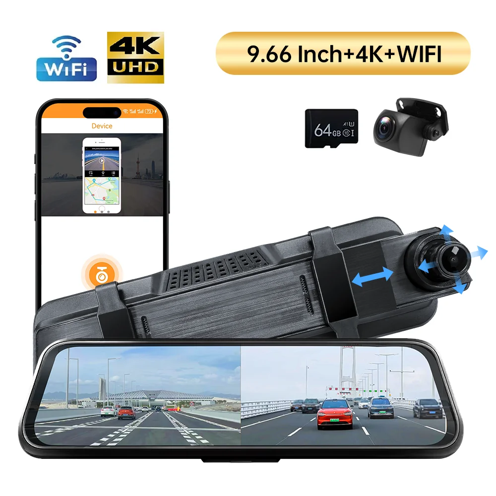 9.66″ 4K Mirror Dash Cam Backup Camera, 2160P Full HD Smart Rearview ...