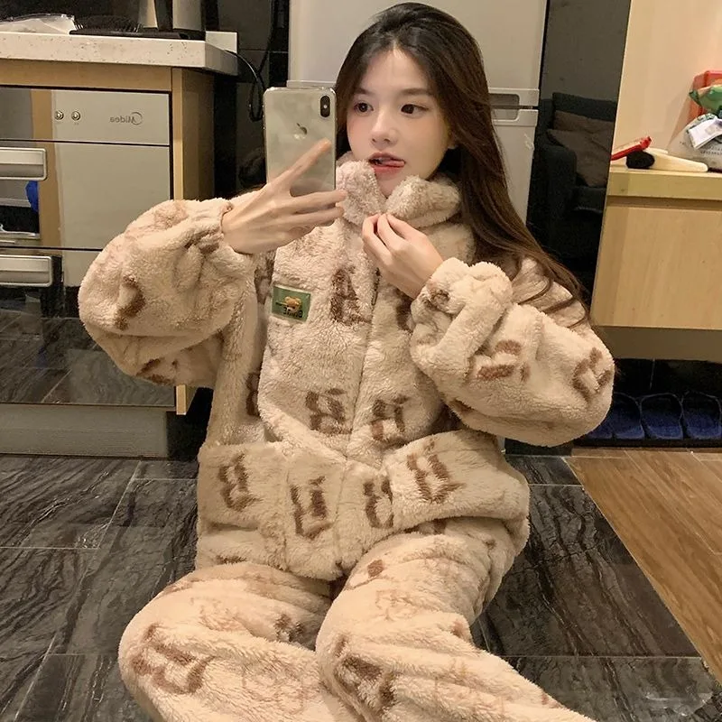 2024 New Korean Version Loungewear Coral Velvet Pajamas Autumn Winter Thick Velvet Sleepwear Zipper Flannel Students Homewear