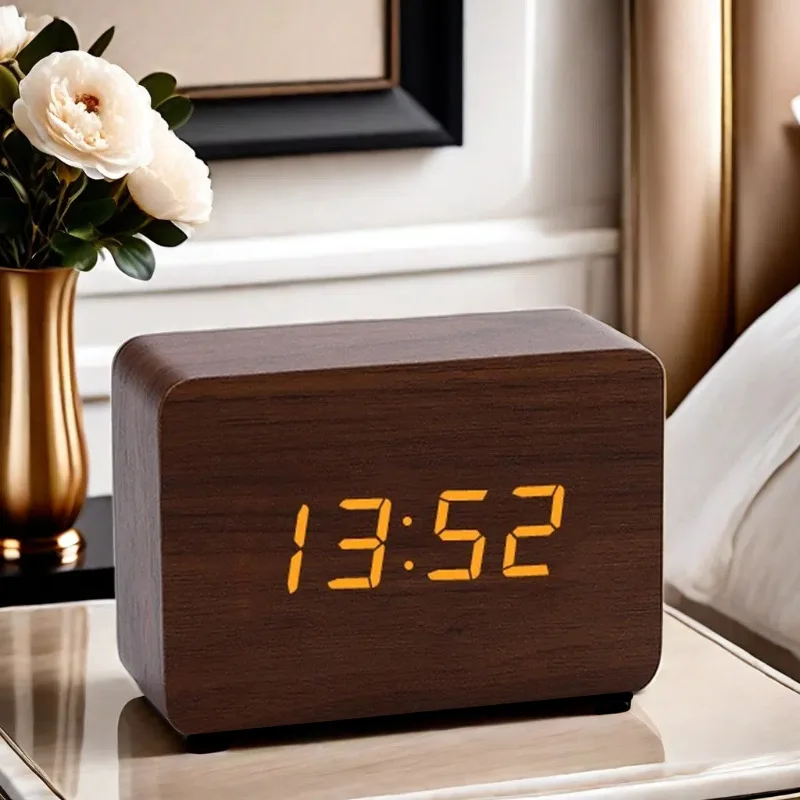 LED Desktop Clock Alarm Decoration Wooden Alarm Watch Table Voice Control Digital Wood Powered Electronic Desktop Clocks 4