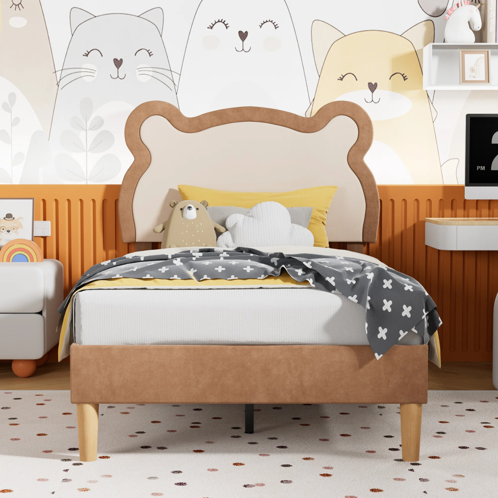 VECELO Twin Kids Upholstered Bed Frame with LED Cute Bear Ear Platform Bed with Adjustable Headboard No Box Spring Need 4