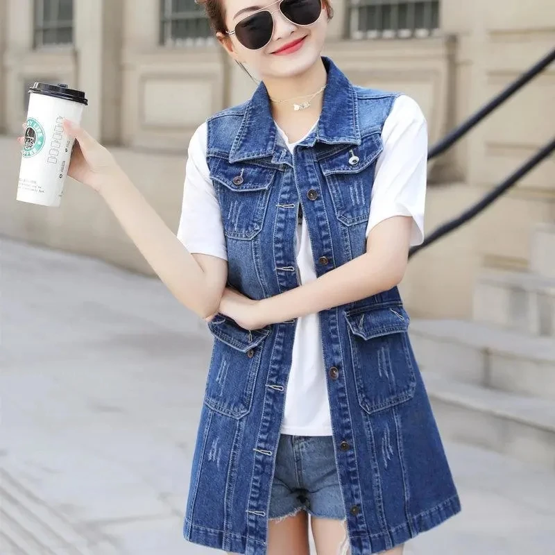 Denim Vests Jackets Women Denim Long Vest Female Summer Denim Vest