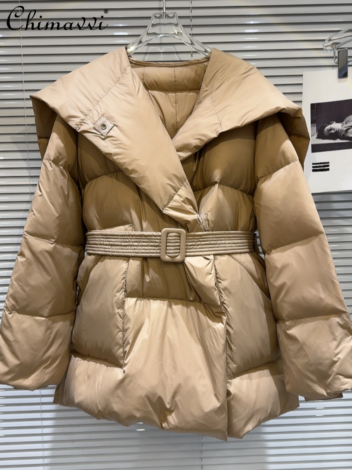 

2023 Winter Clothes New Fashion Socialite Navy Shawl Collar Cotton-Padded Jacket Slim Elegant Belt Warm Down Coat for Women