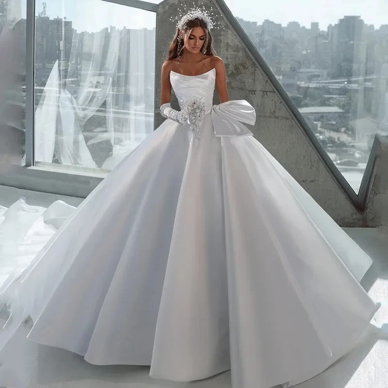 

Boho A-Line Wedding Dresses Strapless Dress Without Gloves White Beach Princess Wedding Evening Prom Gowns Custom Size