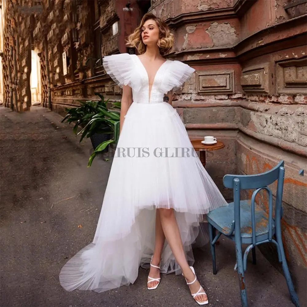 

Tulle Princess Wedding Dress V Neck Backless A Line Party Bridal Gown Robe De Mariée SweepTrain High/Low