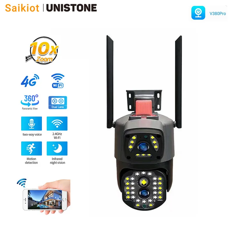 Saikiot V380 4G Camera 4Mp 8Mp 10X Zoom Home Cctv Security Dual Lens 4K Wifi Camera Outdoor Waterproof V380 Pro 4G Camera
