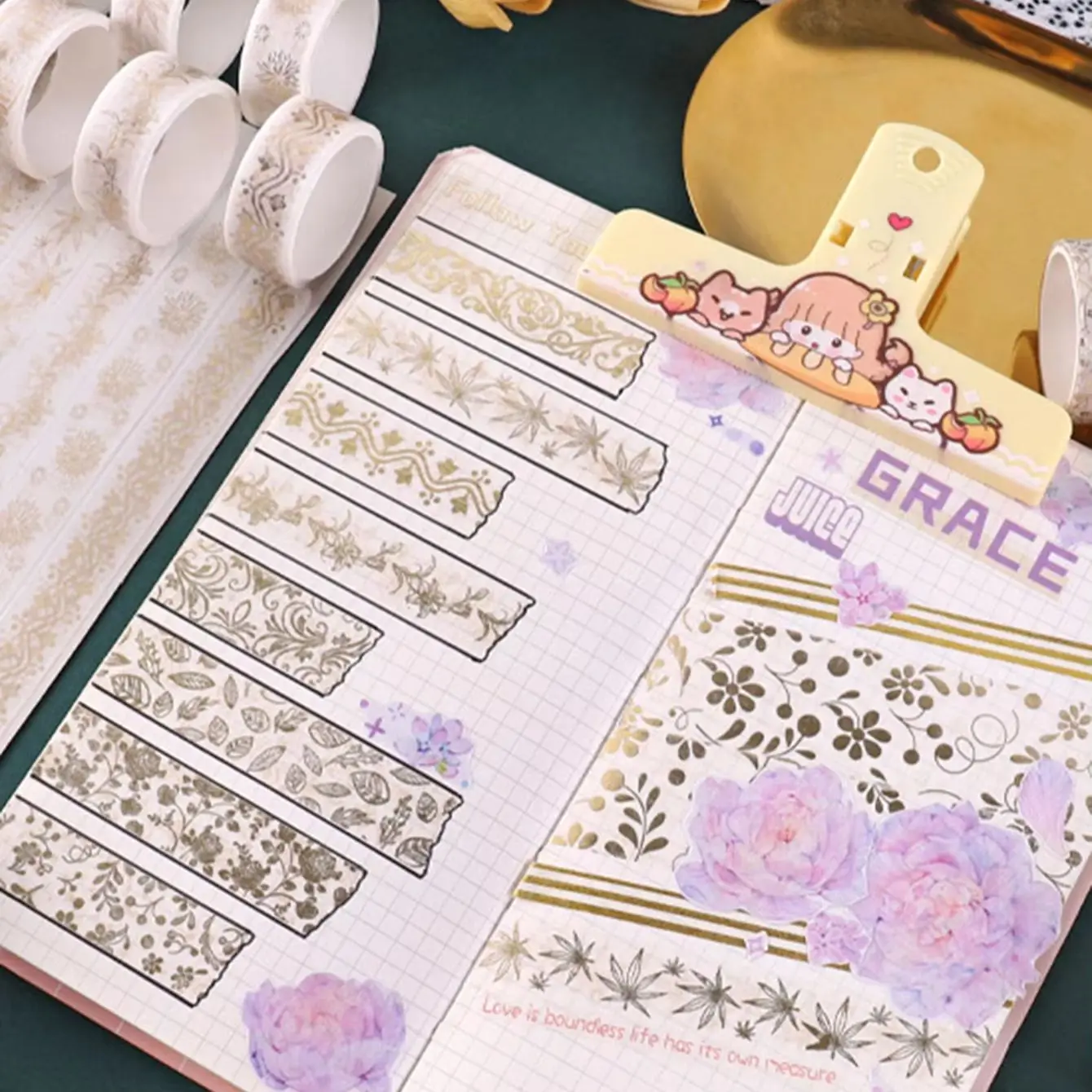 12롤 플로럴 골드 포일 와시 테이프 세트, 미적 파스텔 장식 DIY 마스킹 테이프 (스크랩북, 저널링, 플래너, 공예용)