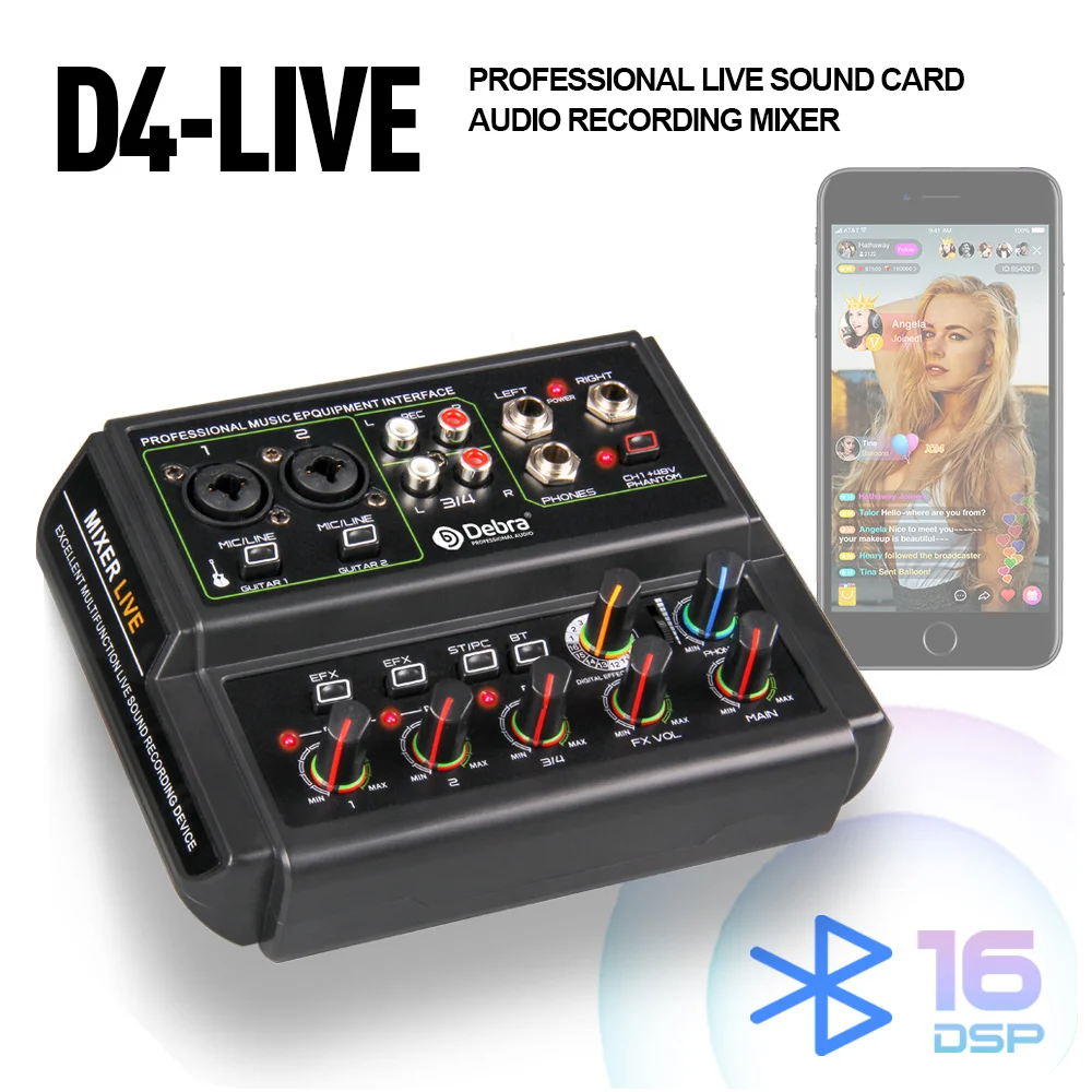 D4-LIVE 라이브 방송 믹싱 사운드 카드, DSP 블루투스 연결, 16 리버브 효과, 라이브 노래방, 보컬 녹음기에 적합