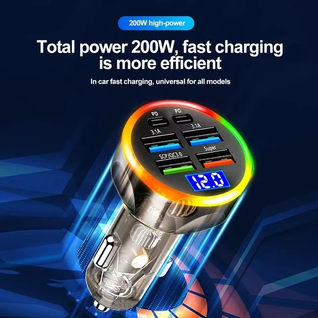 250W Car Charger Quick Charge Cigarette Lighter Adapter 6-Port USB A+USB C Fast Charging Phone Charger for iPhone Xiaomi Samsung 2