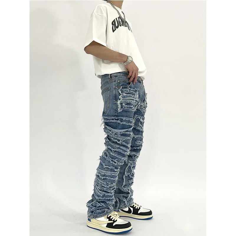 

High-quality Harlem patch jeans men's pants broken hole biker embroidered jeans high street Slim hip-hop sky blue jeans