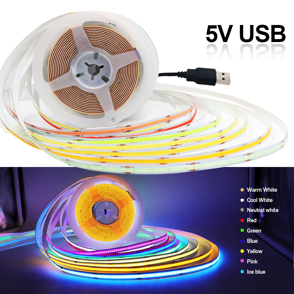 USB COB Led Strip 5V 320LEDs m High Density Flexible LED Tape Soft Light Bar Warm Natural White Blue Green Red Pink Ice Blue