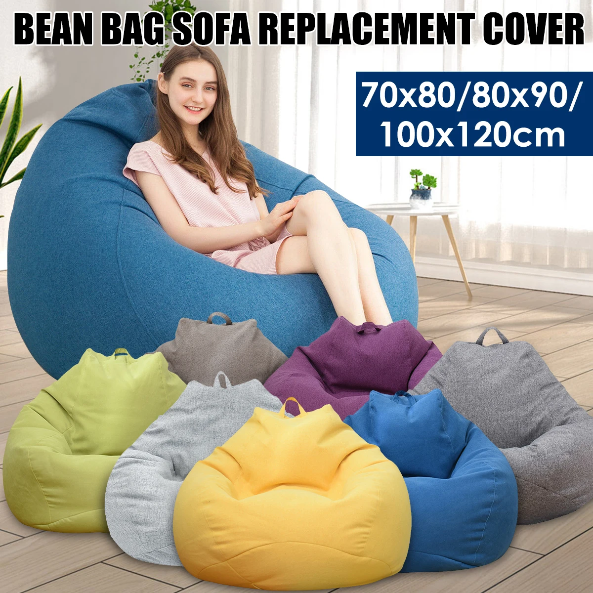 Lazy Sofa Cover Without Filler Linen Cloth Solid Lounger Bean Bag