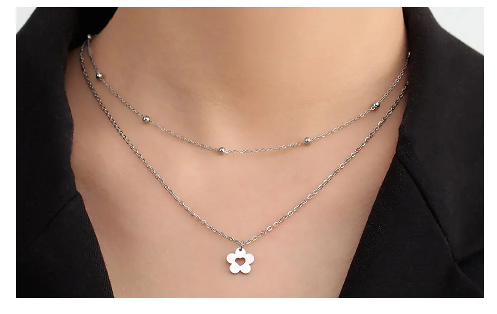 Cazador Kpop Blumen-Herz-Halskette, Edelstahl, Doppelketten, Halskette, Schmuck für Frauen, Valentinstagsgeschenk, 2026, trendig – Detail 8