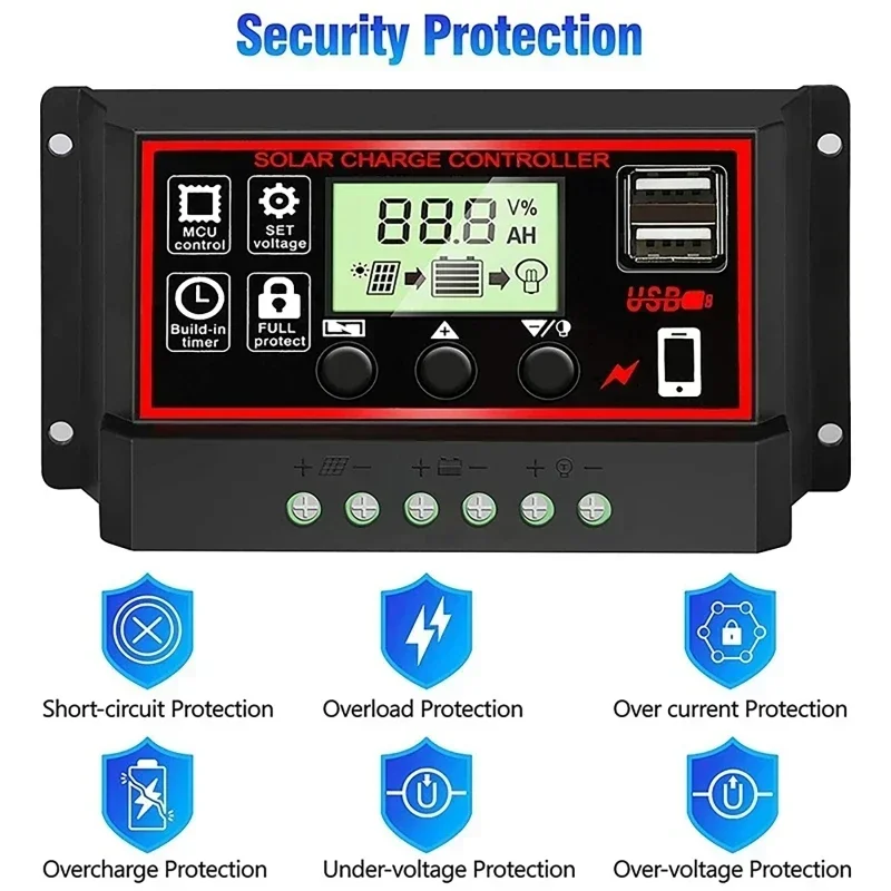 MPPT Solar Charge Controller 10A/20A/30A/40A/50A/60A/80A/90A/100A USB LCD Display 12V 24V Panel Charger Regulator with Load