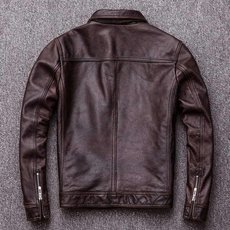 Vintage Genuine Leather Jacket Men 100% Cowhide Red Brown