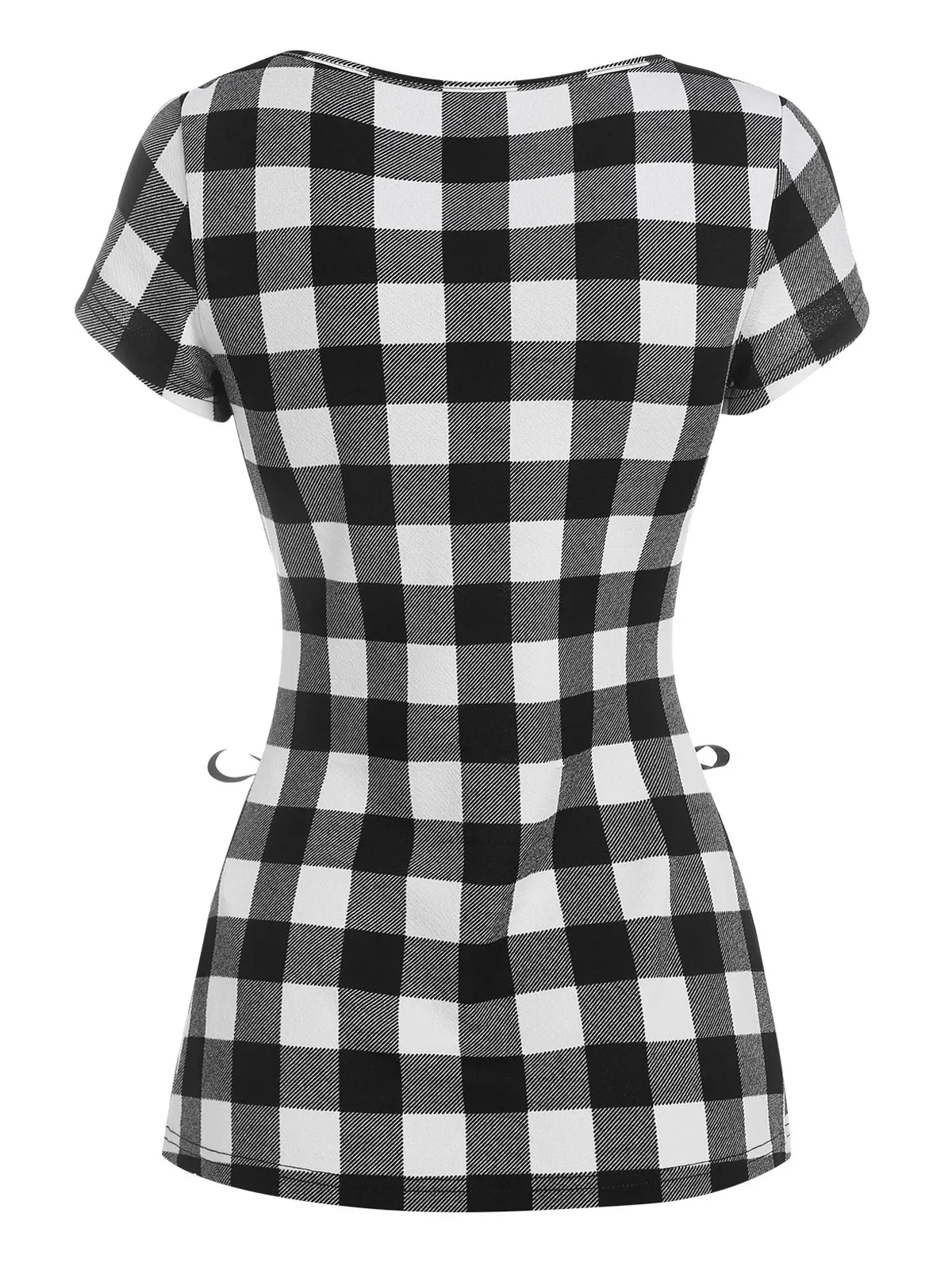Women Short Sleeve Plaid Tops Emo Tee Sweetheart Neck T Shirt Checkerboard Lace Up Classical Casual T Shirt