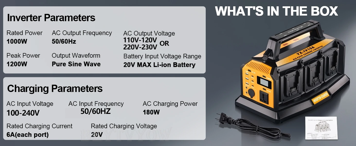 1200W Portable Inverter Battery Charger 2-in-1 for DeWalt 20V Battery 6A Rapid C