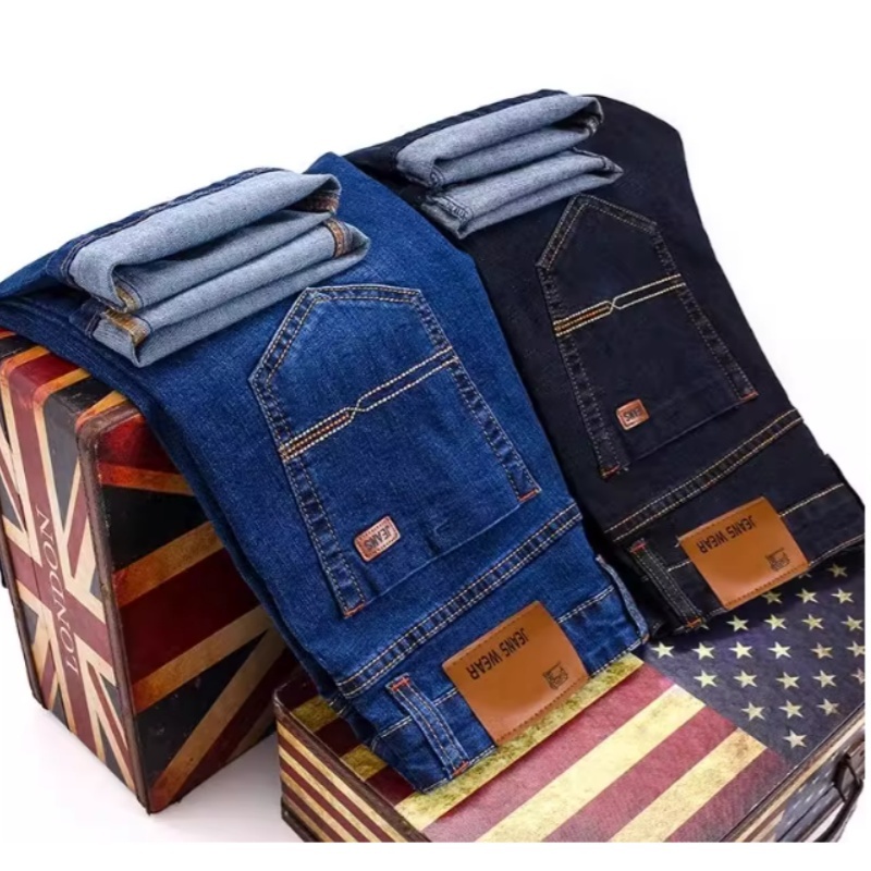 Autumn Classic Men's Fitted Stretch Jeans Business Casual Cotton Denim Straight Leg Pants Male Black Blue Trousers