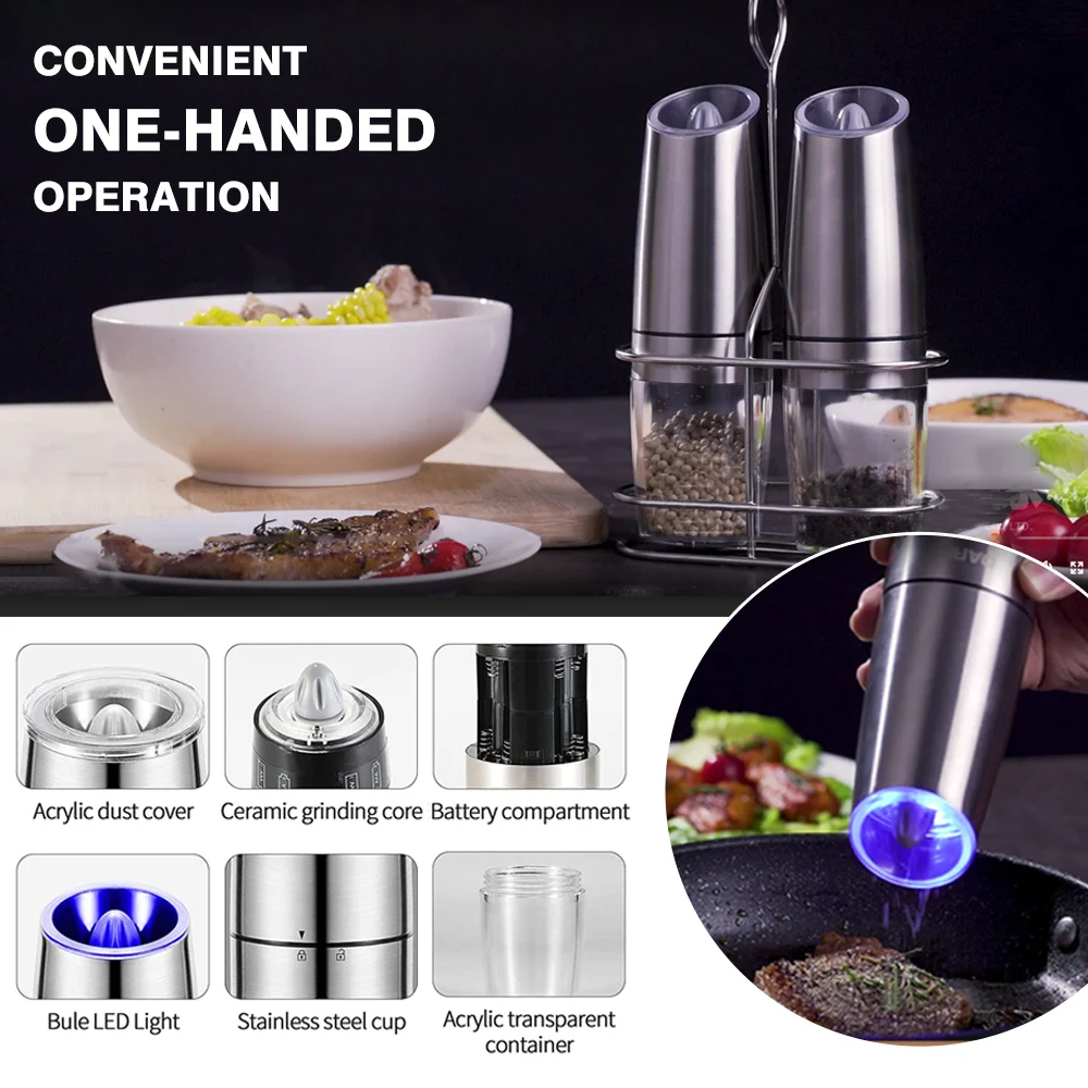 Gravity Electric Salt Pepper Grinder Set Automatic Salt and Pepper Mill Grinders With LED Light Stainless Steel Operated Grinder