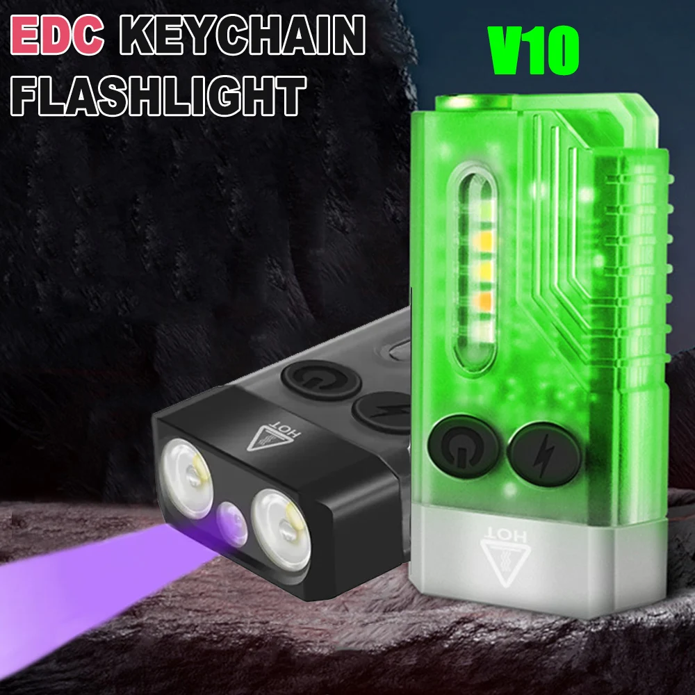 

New EDC Keychain Flashlight Portable Mini Torch Type-C Rechargeable Work Light With Magnet UV Beep Camping Pocket Lantern V10