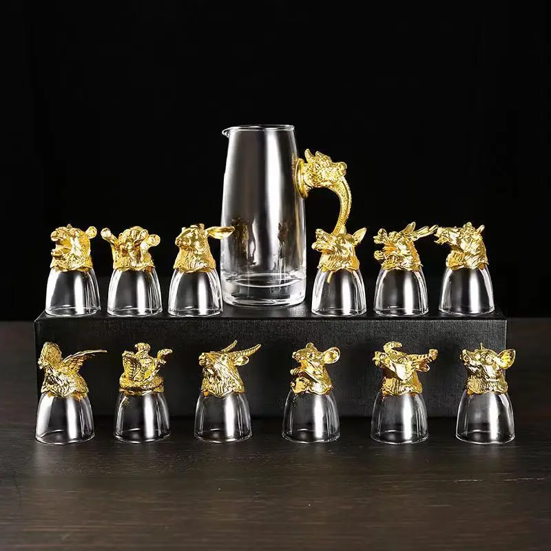 GIEMZA Zodiac Signs Cups Wine Glass for Liquor Chinese Traditions Collect Gift Box Luxury 12cups Animal Cup for Bar Ktv Party
