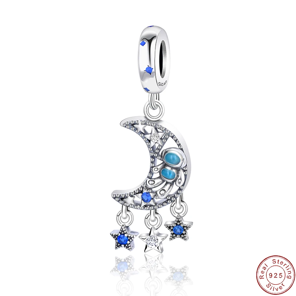 

Fine Authentic 925 Sterling Silver Charm Blue AAA CZ Stars Moon For Original Women Bracelet Necklace Chain Jewelry