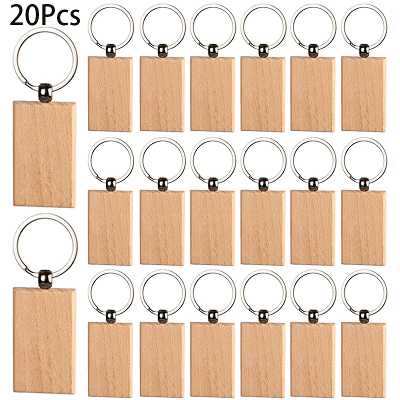 

20Pcs Wooden Keychain Wood Unfinished Wood Key Chain Rectangle Wood Key Tags Key Rings
