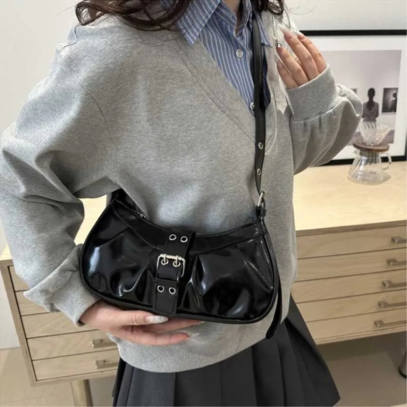 Retro Designer Buckle Armpit Bag Pu Leather Gothic Y2k Shoulder Bag Vintage Cross Body Spicy Girl Handbag Female Purses сумка