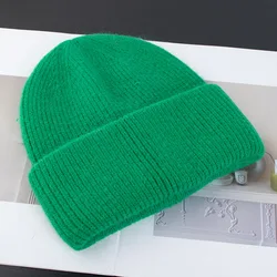 Women's Thickened Rabbit Fur Knit Beanie - Soft, Warm Winter Hat - 56 - 60cm (Green)