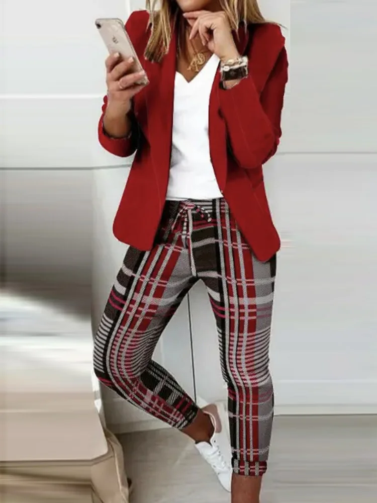 

Женский комплект из двух предметов, элегантный свободный пиджак и Топ с длинным рукавом и брюки-карандаш, костюм с принтом, женская уличная одежда, облегающие брюки, осень
