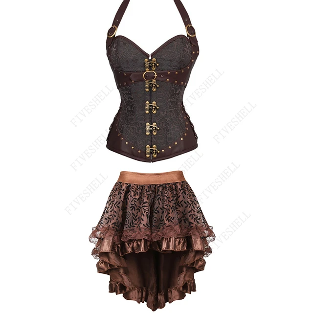 Disfraz de pirata para mujer, vestido de pirata, corsé de cuero Punk, falda  con cordón, marrón, Steampunk, talla grande - AliExpress