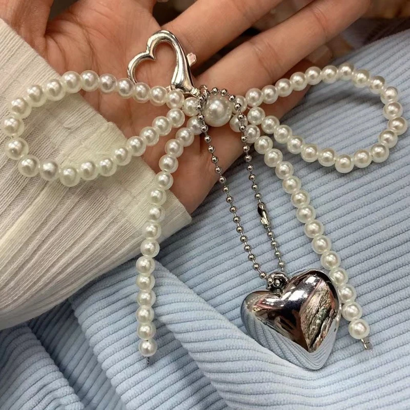 

Sweet Pearl Bow Heart Keychain Women White Bowknot Backpack Key Ring Charm Ornament Bags Pendants Handmade Jewelry Gifts